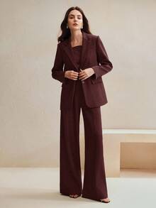 Anewsta 2pcs Women's Elegant Suit Set, Maillard Color Blazer Jacket + Straight Leg Pants, Suitable For Autumn, Fall, Winter, Going Out, Formal, Chic, New Year, Christmas, Work, Graduation