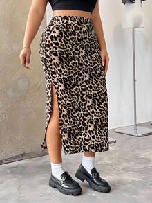 SHEIN EZwear Plus Size Women's Leopard Print High Slit Side Hem Skirt
