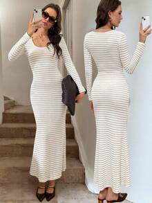 Easowa Blue And White Stripe,Autumn,Elegant,Dates Long Sleeve Maxi Dress,Apricot Waffle Fabric Knit Bodycon Fish Tail Skirt For Women Christmas Clothes - Apricot - View 2