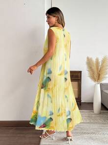 Celure Plus Size Vintage Tie-Dye Print Pleated Sleeveless Dress