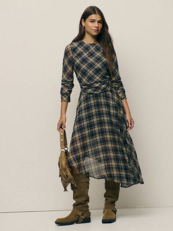 Nöista Vestido de manga larga a cuadros con cintura fruncida, perfecto para vestidos de otoño para mujeres. Con estilo elegante como vestido de trabajo, elegante para una invitada de boda y lo suficientemente versátil para Navidad o para capas en otoño/invierno