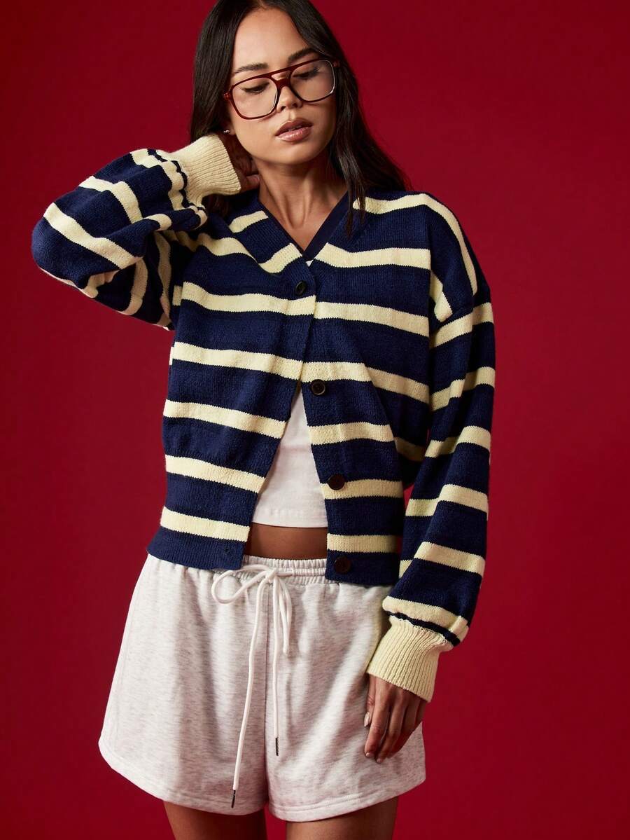 MISSGUIDED Vintage Inspired Striped Button Up Cardigan Preppy College Style V Neck Ribbed Knit Sweater Fall Winter Cozy Layer Casual Everyday Wear - Multicolor - View 1