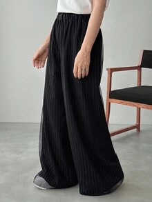 FRIFUL 女士松紧腰条纹阔腿宽松休闲裤 - 灰色 - 查看 5