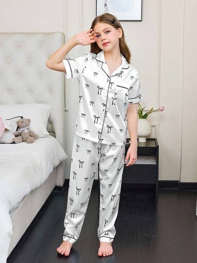 蝴蝶结仿丝短袖和裤子睡衣套装，适合青少年女孩