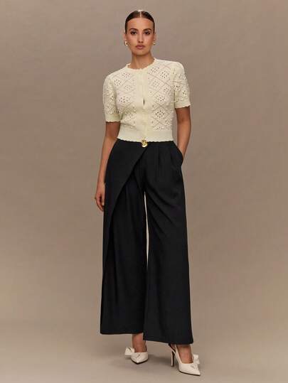 Enchnt 女式纯色褶皱拼接设计口袋阔腿优雅裤