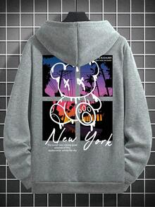 Manfinity Roughcore 男士休闲宽松卡通图案印花长袖连帽衫，街头潮流灰色 Y2k 连帽衫，纽约日落熊连帽衫，秋季 - 淺灰色 - 查看 2