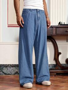 SWAVVY Jeans de mezclilla casual estadounidense, pantalones rectos con estampado de rayas de estilo punk chic - Azul - Ver 6