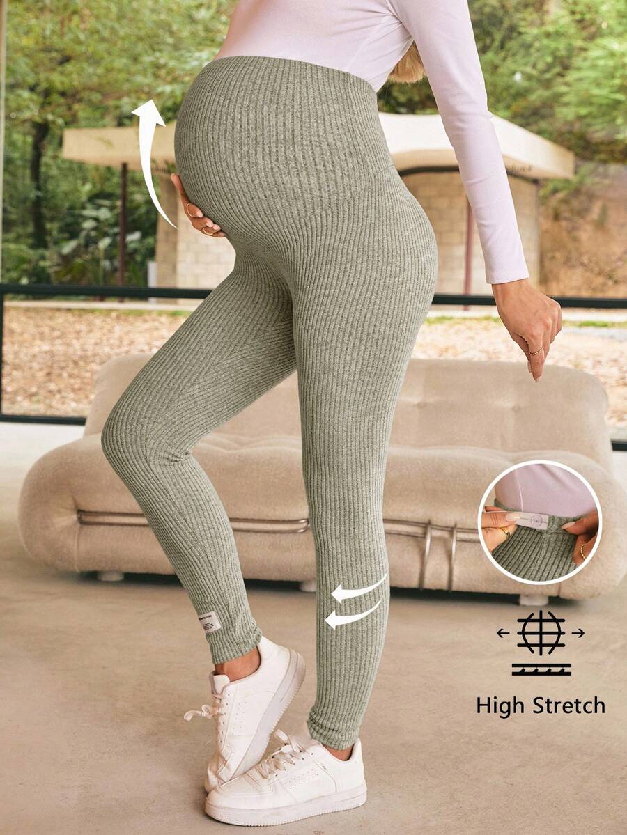 SHEIN 孕妇女士纯色可调节腰部罗纹休闲紧身裤 - 綠色 - 查看 1