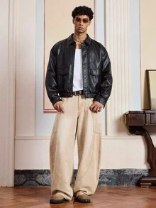 SWAVVY Áo khoác da PU ngắn tay dài cho nam, phù hợp cho mùa thu/đông, phong cách Grunge - màu đen - Xem 5