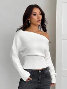SHEIN PETITE 米色3D立体花卉不对称宽松针织毛衣，浪漫外出之选，秋冬季白色露肩毛衣，不对称肩部长袖上衣，白色针织露肩上衣，秋季 - 白色 - 查看 6