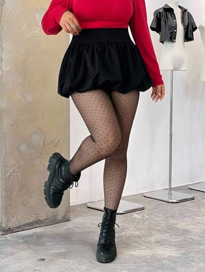 SHEIN EZwear 大码女士情人节黑色爱心图案网纱透视连裤袜，休闲日常穿着，春夏款