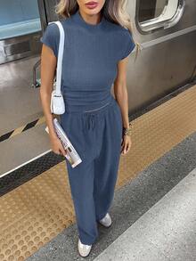 Siren Gaze Set de 2 piese pentru femei, culoare solidă, cu guler mandarin, mâneci încrețite, top și pantaloni, casual, set de 2 piese, albastru, set de 2 piese, set de 2 piese pentru femei, set de 2 piese pentru femei, mânecă scurtă, set de 2 piese pentru femei, seturi casual de 2 piese pentru femei