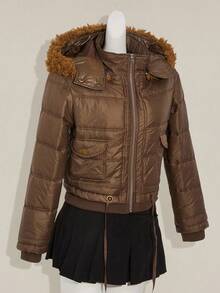 SHEIN ICON 女式保暖拉链连帽加厚毛边外套，冬季 - 棕色 - 查看 4