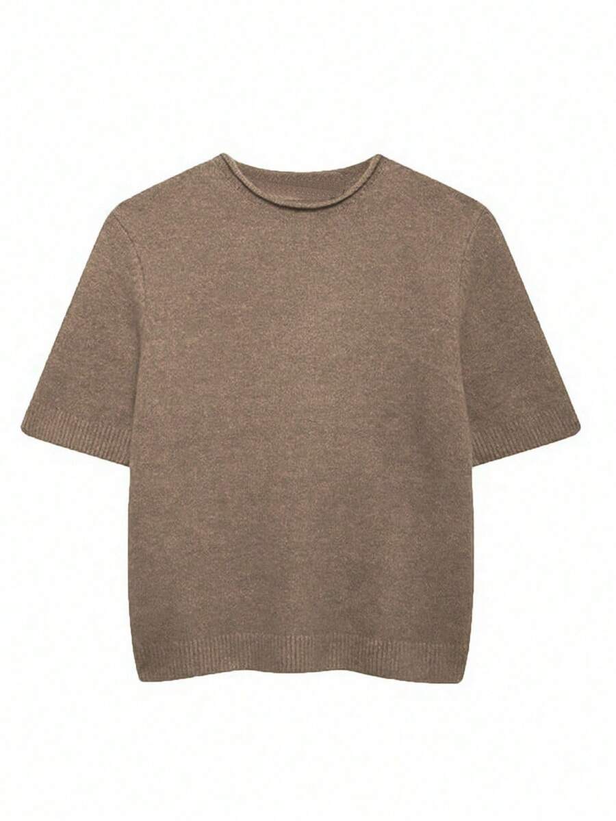 INAWLY Áo len tay ngắn màu trơn thường ngày dành cho nữ - màu nâu - Xem 1