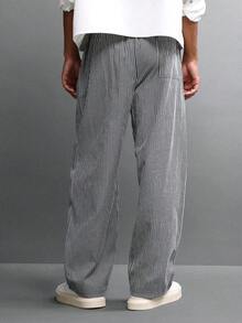 SUMWON 棉质高腰阔腿条纹阔腿裤，前褶筒形剪裁，适合办公室职业裤，四季皆宜 - 黑與白 - 查看 2