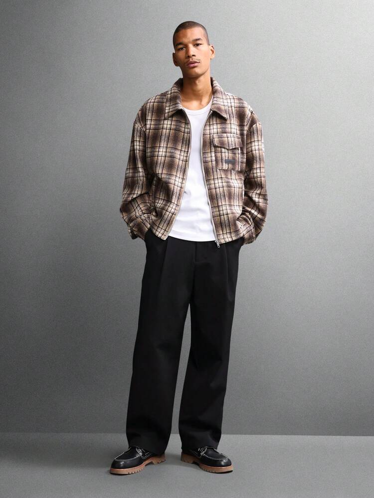 Plaid Flannel Harrington Jacket With Zip Closure
