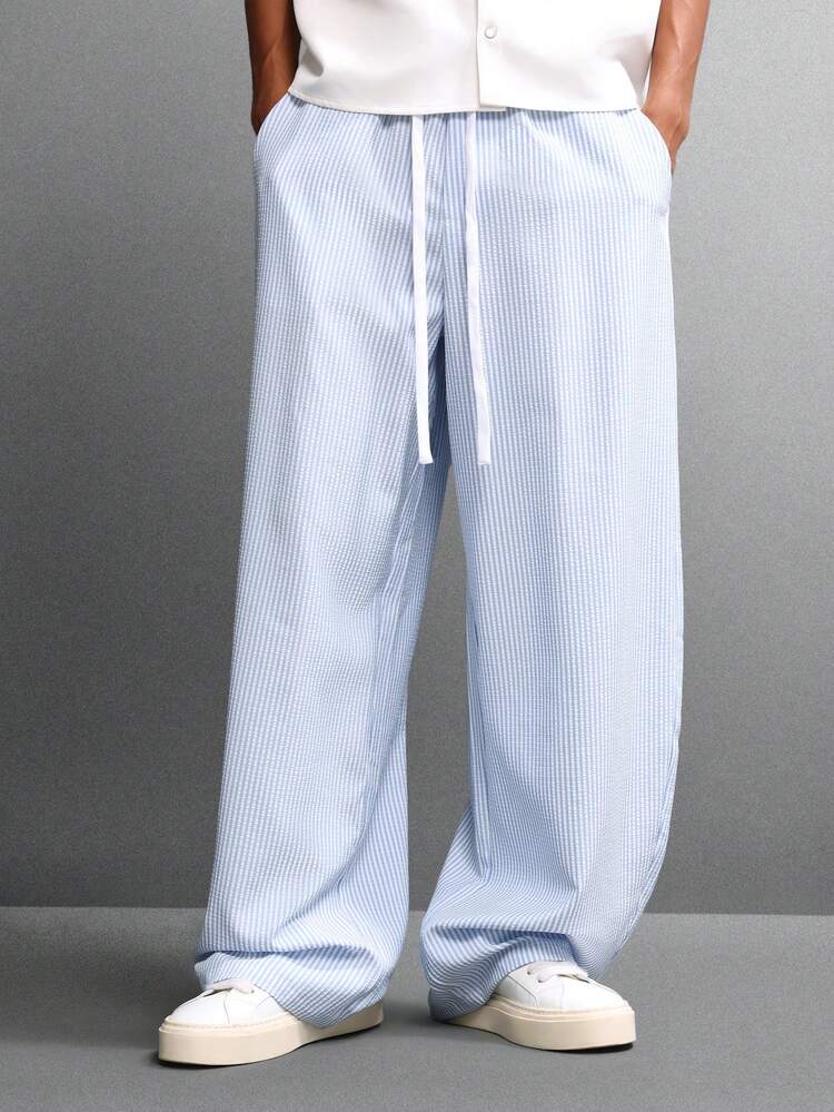 Wide Leg Ribbed Pants With Drawstring Waist