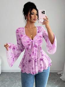 Elenzga 全新花卉印花网眼透明喇叭袖蝴蝶结前部休闲优雅女式 T 恤 - 紫色 - 查看 4