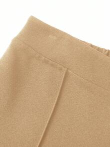 SHEIN Clasi 女士纯色腰部金属装饰牙签设计阔腿宽松休闲裤，适合工作 - 卡其色 - 查看 6