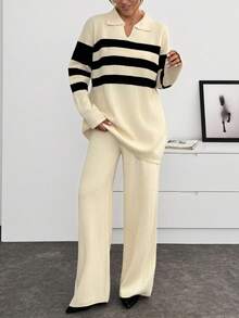 EURMUSE Women Stripe Pattern Polo Neck Drop Shoulder Pullover & Sweater Pants Set Knit Two Piece Set Knit Pants Set Womens Knit Set Two Piece Pants Set Striped Knit Set,Co Ord,Winter Clothes - Cream - View 3