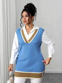 Elenzga Plus 1pc Striped Trim Sweater Vest - Blue - View 3