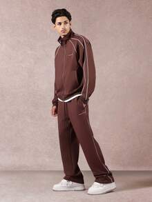 SUMWON Premium Coordinated Tracksuit Set With Contrast Piping Two Piece Loungewear With Full Zip Jacket And Drawstring Pants Fall Winter Collection - Brown - View 1
