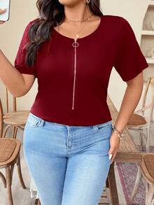EMERY ROSE 大码女式 V 领纯色拉链短袖修身 T 恤，夏季外出上衣 - 酒紅色 - 查看 3