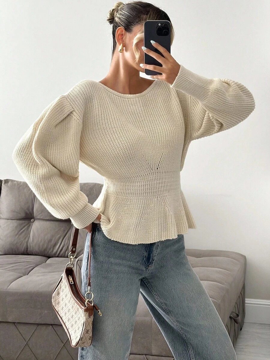 EURMUSE 女士纯色荷叶边灯笼袖厚毛衣 - 米色 - 查看 1