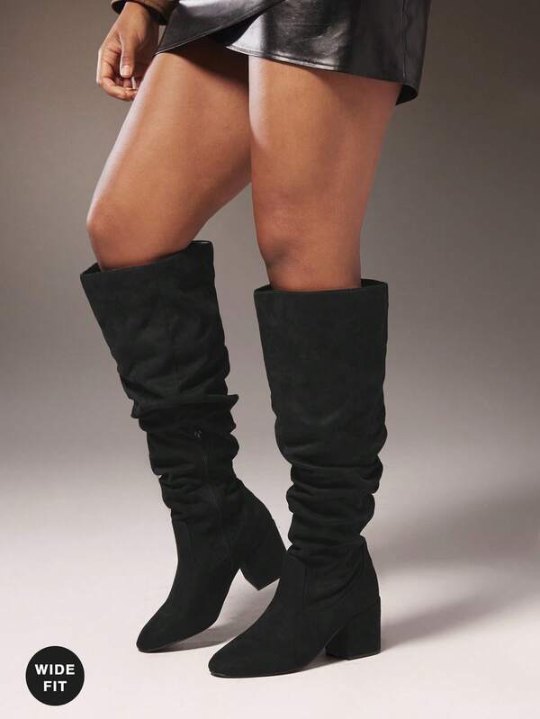 SHUZIA Wide Calf Rushed Faux Leather Knee High Block Heel Boots