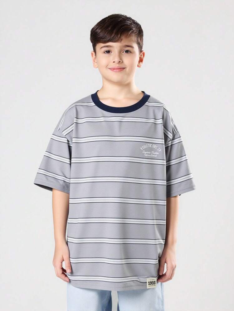 Striped T-Shirt With Chest Print And Navy Trim