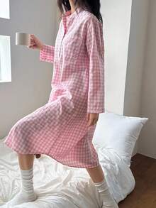 DAZY 格子衬衫裙，宽松版型，长款，女士睡衣，秋季睡衣 - 粉色 - 查看 7
