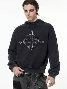 ROMWE MEN Goth Herren Lässig Hoodie mit gewaschenem Kreuz-Patch