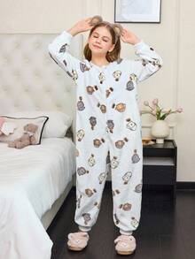 女童卡通熊印花毛绒睡衣 - 彩色 - 查看 3