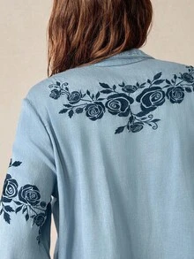 Bohemela Áo sơ mi nữ tay dài cổ bẻ thêu denim màu trơn đơn giản thoải mái - Màu xanh nhạt - Xem 2