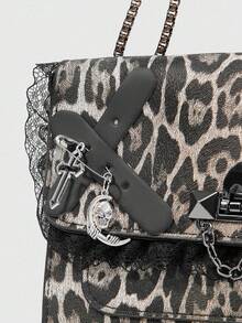 ROMWE Grunge Punk Women's Punk Style Contrast Lace Leopard Print Leather Underarm Crossbody Bag - Black - View 5