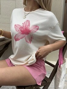 SHEIN EZwear 超大款休闲粉色热带花卉图案圆领短袖宽松女式 T 恤 - 白色 - 查看 6