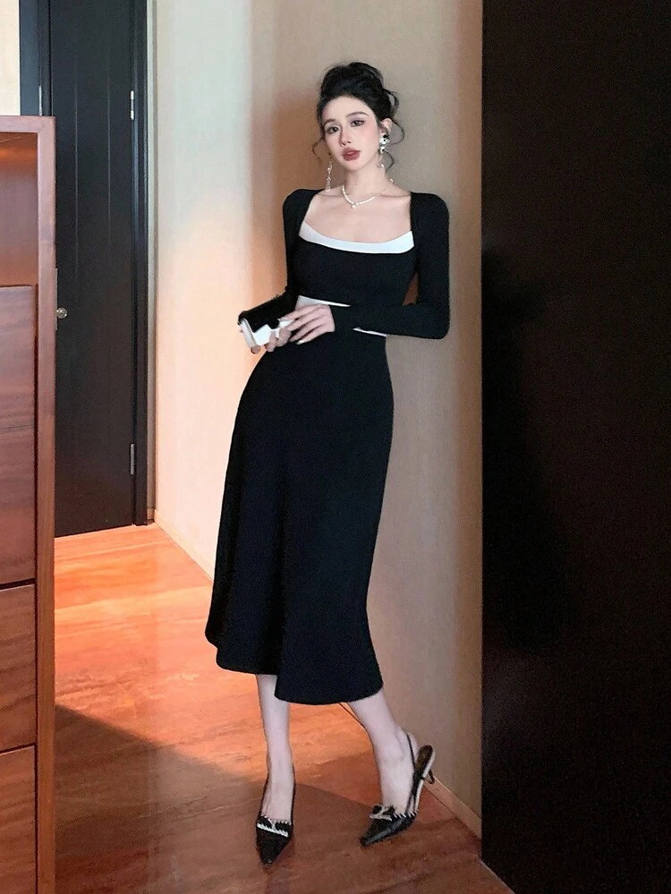 Women's Elegant Colorblock Square Neck Sweater Dress, Party Wear Prom Dress