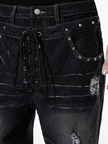 ROMWE MEN Grunge Punk Jeans de pierna ancha con decoración de remaches, estilo casual de calle, con doble cintura para hombres - Negro - Ver 6