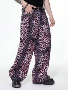 ROMWE MEN Street Life Men's Fashionable Leopard Print Wide Leg Jeans - Pink - View 5