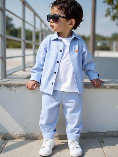 2 件套年轻男孩学院风休闲日常舒适提花面料 Polo 领长袖衬衫和裤子套装，适合旅行、上学、日常聚会、秋冬季、返校装、秋季套装