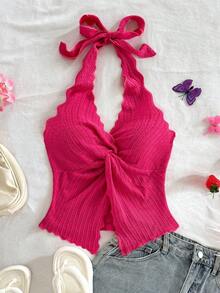 Soleia 时尚性感吊带系带扭纹下摆开衩露背吊带背心 - 中紫紅色 - 查看 5