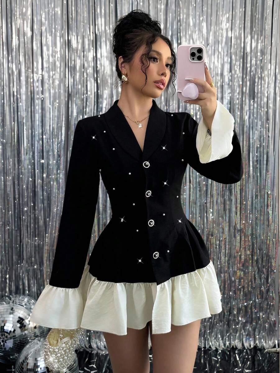 Rafferiza Women's Slim Fit Shawl Neck Splicing Ruffle Business Blazer Fall Cloth For Women - Black - View 1