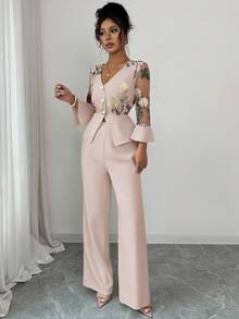 Rafferiza Women's Elegant 2 Pieces Set With Mesh Embroidery Patchwork Elbow Sleeve, Apricot Color - Dusty Pink - View 3