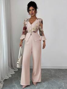 Rafferiza Women's Elegant 2 Pieces Set With Mesh Embroidery Patchwork Elbow Sleeve, Apricot Color - Dusty Pink - View 4