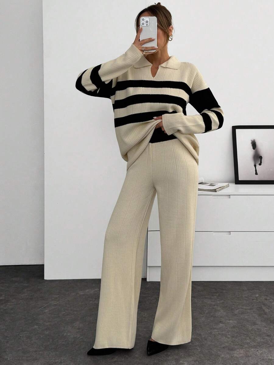 EURMUSE Women Stripe Pattern Polo Neck Drop Shoulder Pullover & Sweater Pants Set Knit Two Piece Set Knit Pants Set Womens Knit Set Two Piece Pants Set Striped Knit Set,Co Ord,Winter Clothes - Cream - View 1