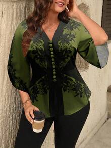 SHEIN Tall Áo kiểu nữ cổ chữ V cài nút trang trí ôm eo họa tiết tay 3/4 không đối xứng thanh lịch - xanh quân đội - Xem 5