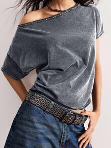 Bohemela Casual Solid Color Knit Asymmetric Neck Loose T-Shirt For Women - Grey - View 4