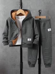 SHEIN 2 st/set för pojkar, casual, enfärgad, långärmad, fleecefodrad jacka och byxor, lämplig för vardagligt utomhusbruk, höst/vinter