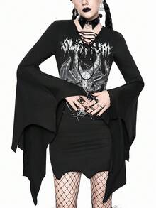 ROMWE Goth Rochie de Halloween cu imprimeu floral, stil gotic, culoare solidă, casual, la modă, cu mâneci evazate, decolteu în V, cu nod, model aripi de liliac, mulată, pentru femei - Negru - Vizualizare 2