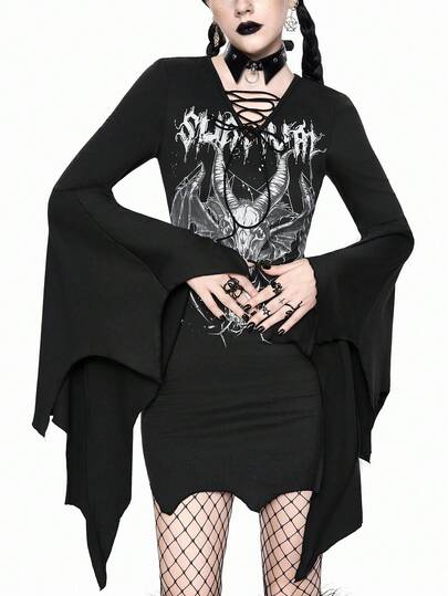 Goth Halloween Gothic Style Solid Color Casual Fashion Flare Sleeve V-Neck Tie-Up Bat Wing Halloween Bodycon Dress For Women